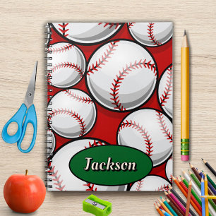Cuaderno nombre de patrón de béisbol rojo y verde
