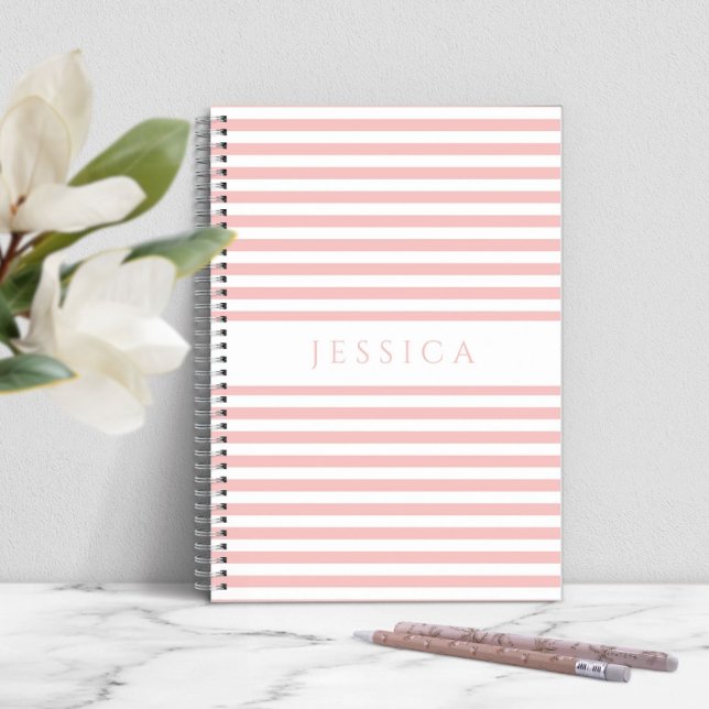 Cuaderno Nombre De Patrón De Rayado Blanco Y Rosa Suave (Personalized Modern Pink Stripes Notebook)
