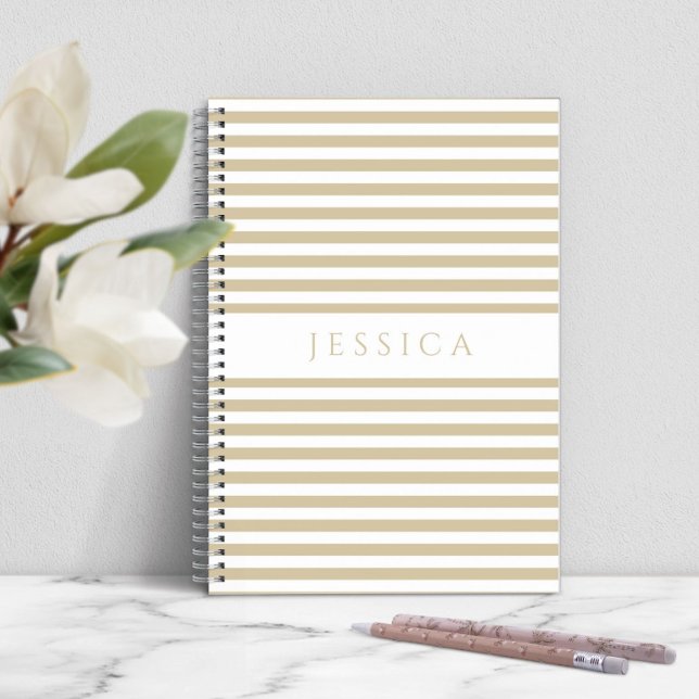 Cuaderno Nombre De Patrón De Rayas Beige Y Blanco (Personalized Stripes Pattern Notebook)