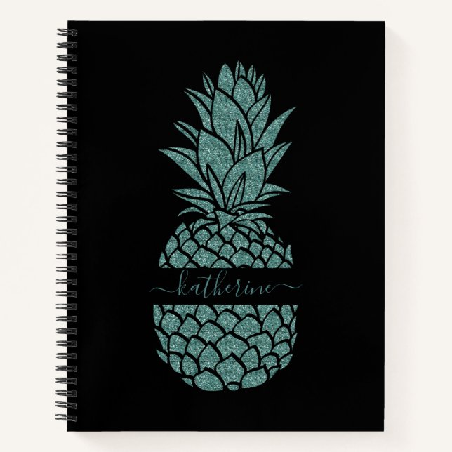 Cuaderno Nombre de piña de Purpurina negro y Verde azulado  (Anverso)