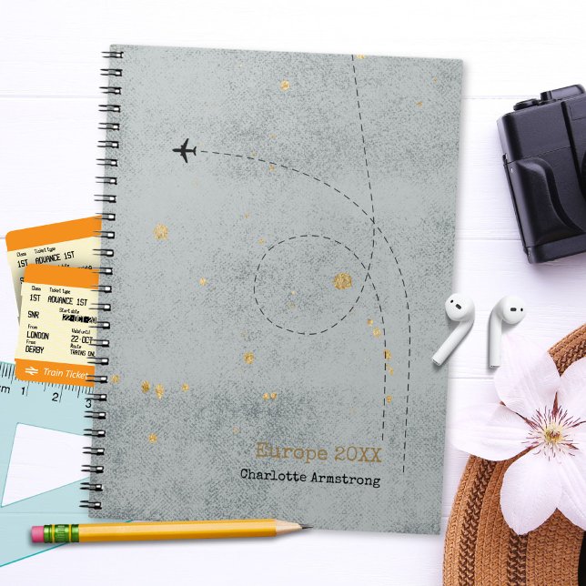 Cuaderno Nombre de Wanderlust Airplane Light Gray Gold Trav (Wanderlust Name Airplane Light Gray Gold Travel Notebook ©Susanne Sachers - Sunny Wanderlust 🌞✈️)