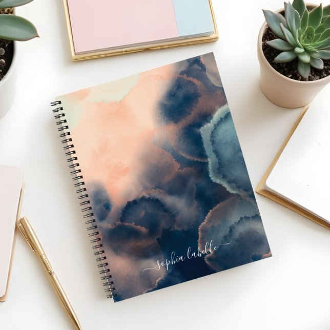 Cuaderno Nombre del agente de acuarela rosa, rosa y de ment (Abstract Navy, Pink & Mint Watercolor Agate Name Notebook)