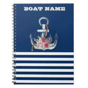 Cuaderno Nombre del barco, flores de ancla azul marino raya