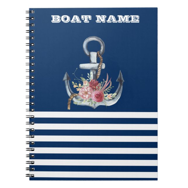 Cuaderno Nombre del barco, flores de ancla azul marino raya (Frente)