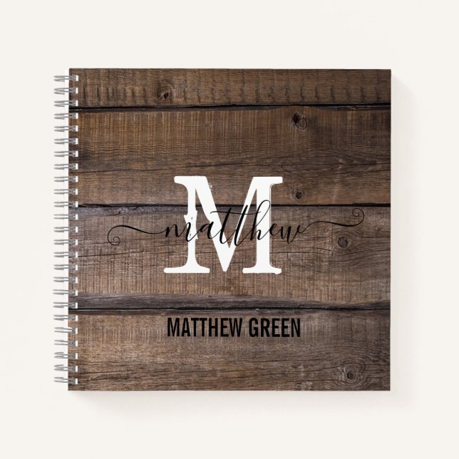 Cuaderno Nombre del guión del patrón de madera monogramada  (Anverso)