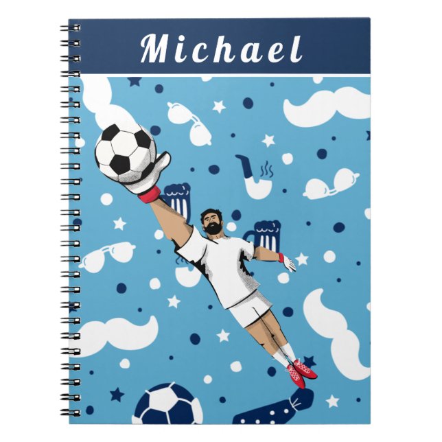 Cuaderno Nombre del jugador del portero de fútbol azul (Frente)