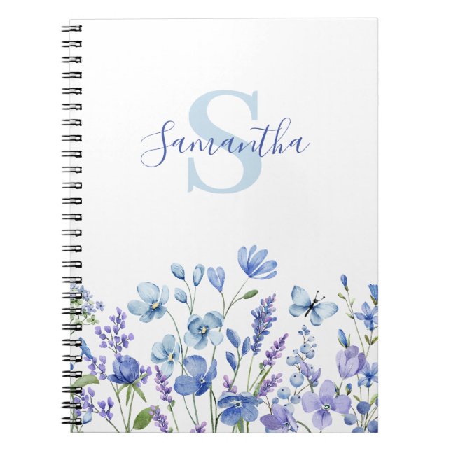 Cuaderno Nombre del monograma floral azul (Frente)