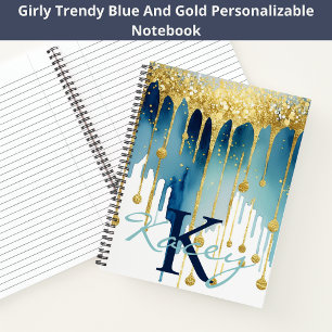 Cuaderno Nombre del Monograma Girly de Blue Gold Purpurina