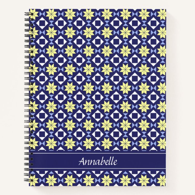 Cuaderno Nombre del patrón de mosaico azul amarillo mediter (Anverso)