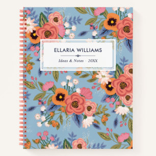 Cuaderno Nombre del patrón floral de Boho azul claro y past
