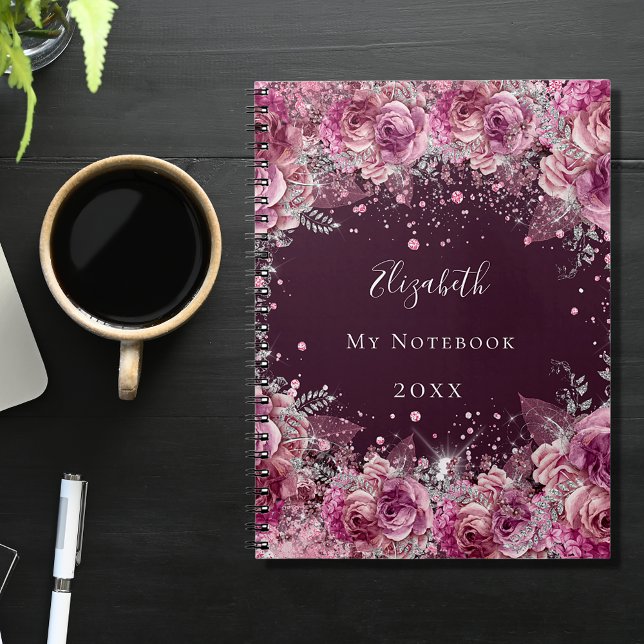 Cuaderno Nombre del polvo del purpurina floral rosa burgund (Subido por el creador)