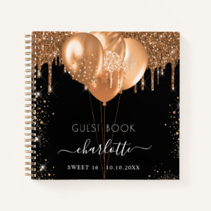 Cuaderno Nombre del purpurina de oro negro Sweet 16