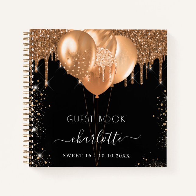Cuaderno Nombre del purpurina de oro negro Sweet 16 (Anverso)