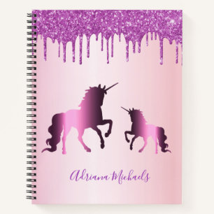 Cuaderno Nombre del purpurina morado rosa de Unicornio