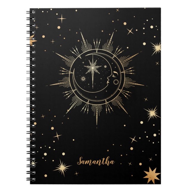 Cuaderno Nombre del sol de la luna de oro negro y negro cel (Frente)