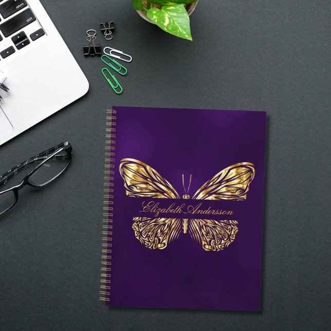 Cuaderno Nombre elegante de oro morado de mariposa (Subido por el creador)