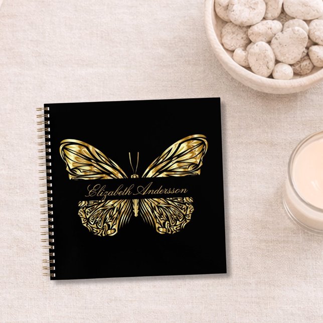 Cuaderno Nombre elegante de oro negro de mariposa (Subido por el creador)
