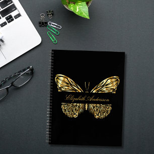 Cuaderno Nombre elegante de oro negro de mariposa