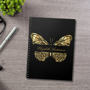 Cuaderno Nombre elegante de oro negro de mariposa