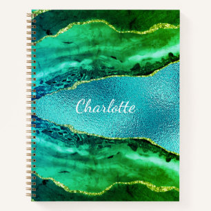 Cuaderno nombre en escritura de mármol de ágata azul verde