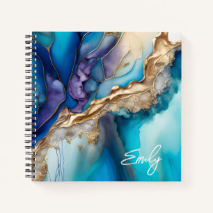 Cuaderno Nombre en guión de mármol azul personalizado 