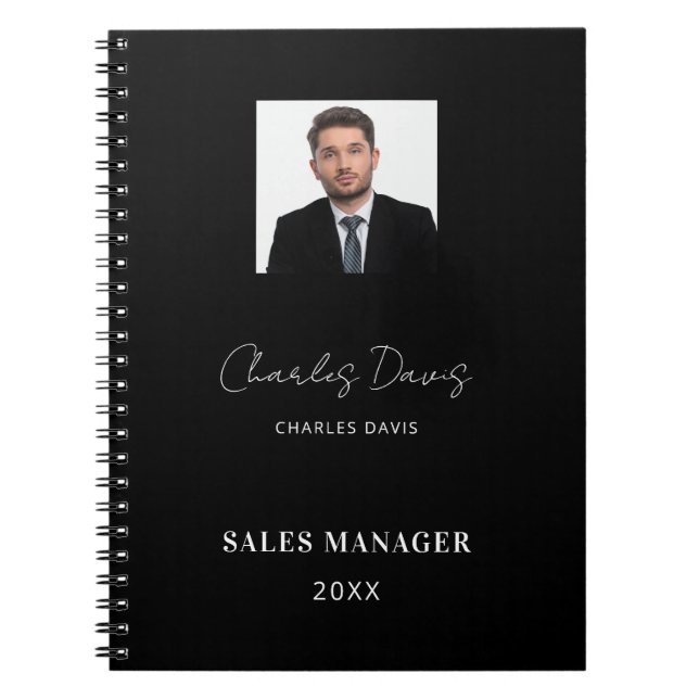 Cuaderno Nombre firma foto negocio blanco negro (Frente)