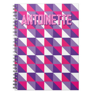 Cuaderno Nombre geométrico abstracto retro rosa púrpura y b