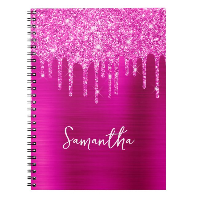 Cuaderno Nombre Glam con Brillo Magenta que Gotea (Frente)