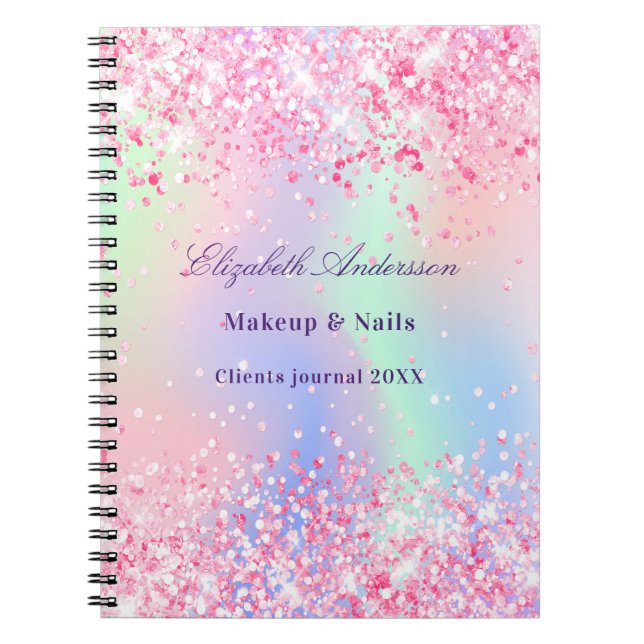 Cuaderno Nombre holográfico de brillo rosa sonrojado de neg (Frente)