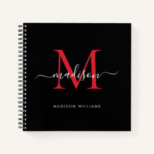 Cuaderno Nombre inicial del guión del monograma rojo negro