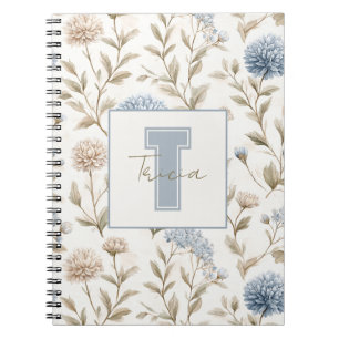 Cuaderno Nombre Inicial Monograma Flores Marrón Azul Crema