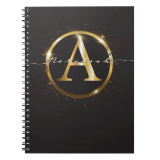 Cuaderno Nombre moderno de guión de monograma de oro negro