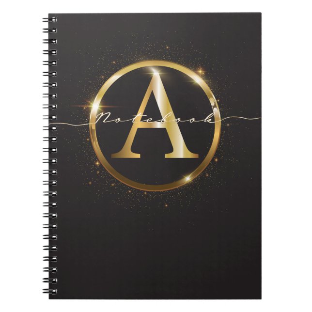 Cuaderno Nombre moderno de guión de monograma de oro negro (Frente)
