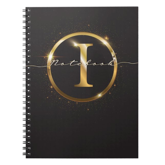 Cuaderno Nombre moderno de guión de monograma de oro negro (Frente)
