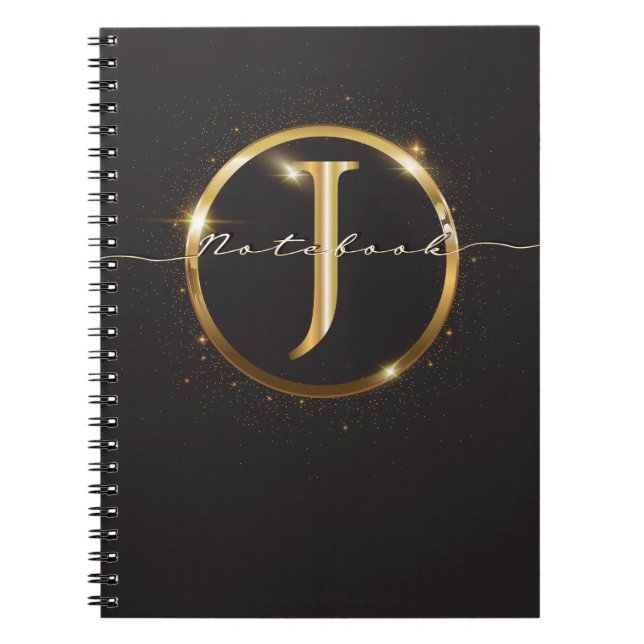 Cuaderno Nombre moderno de guión de monograma de oro negro  (Frente)