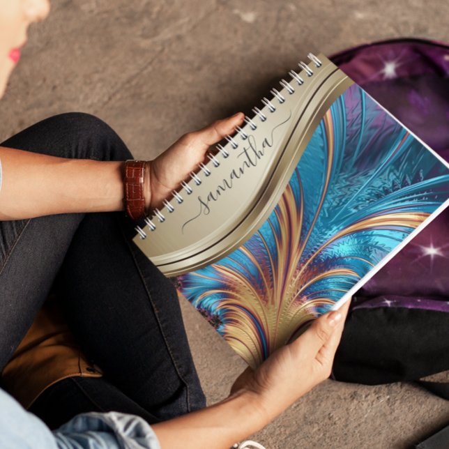 Cuaderno Nombre moderno fractal azul dorado manuscrito (Subido por el creador)