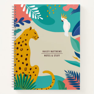 Cuaderno Nombre moderno y colorido del leopardo de la jungl