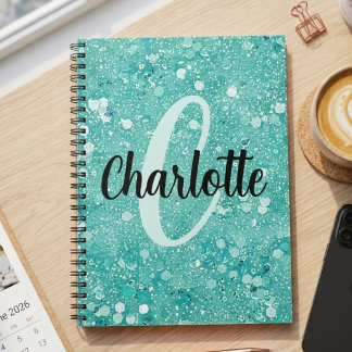 Cuaderno Nombre Monograma Brillo Purpurina Falso Verde Ment