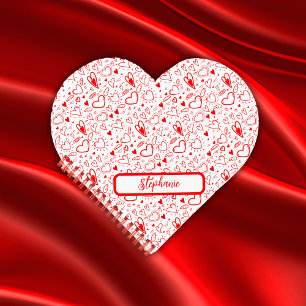 Cuaderno Nombre Monograma con corazones rojos en blanco