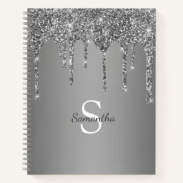 Cuaderno Nombre Monograma de Purpurina Plateada Goteo de Ho
