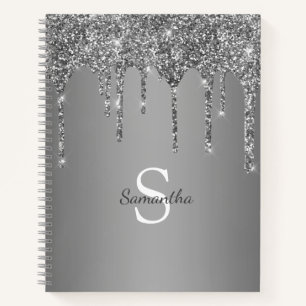 Cuaderno Nombre Monograma de Purpurina Plateada Goteo de Ho