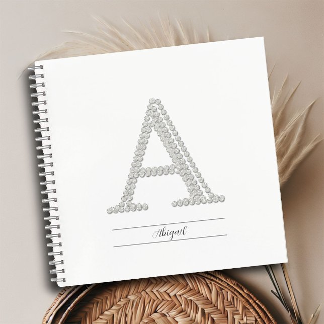 Cuaderno Nombre Monograma Diamante de imitación blanco A Mi (name monogram rhinestones personalized notebook birthday christmas mother bestie gift)