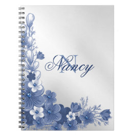 Cuaderno Nombre Monograma Floral Azul Plata Gris Elegante