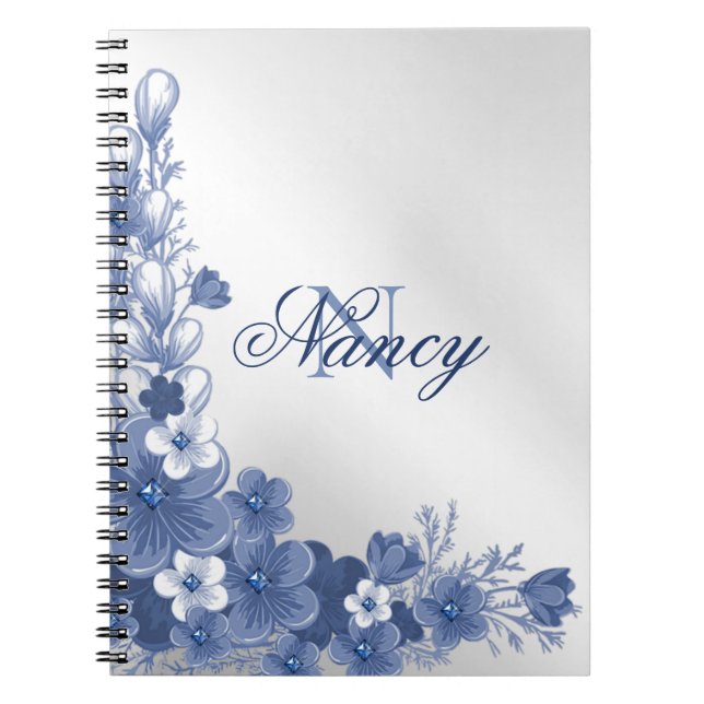 Cuaderno Nombre Monograma Floral Azul Plata Gris Elegante (Frente)