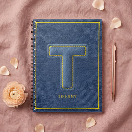 Cuaderno Nombre Monograma Letra T Aplicación Mezclilla Azul