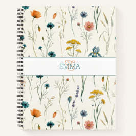 Cuaderno Nombre Monograma Patrón Flor Silvestre Boho Naranj
