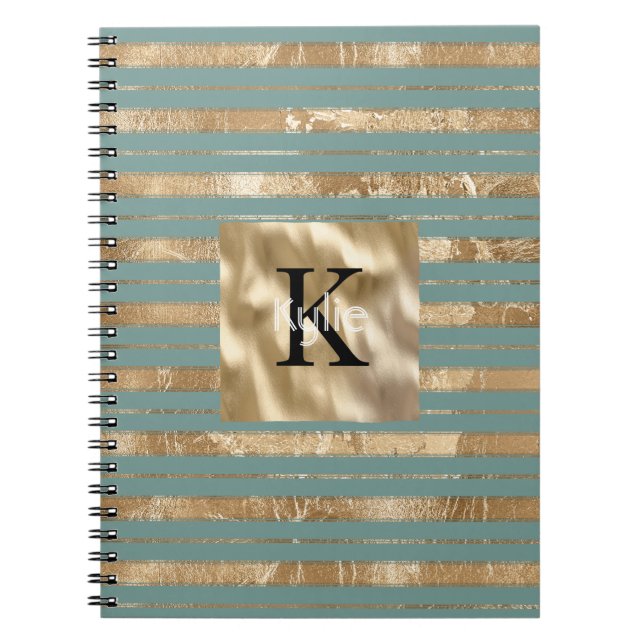 Cuaderno Nombre Monograma Rayas Verde Dorado (Frente)