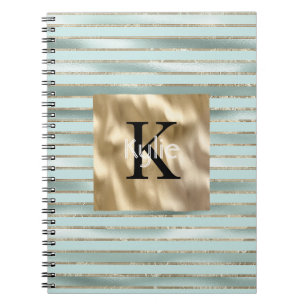 Cuaderno Nombre Monograma Rayas Verde Menta Dorado