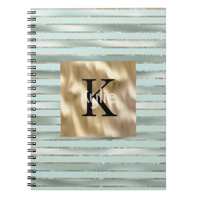 Cuaderno Nombre Monograma Rayas Verde Menta Dorado (Frente)