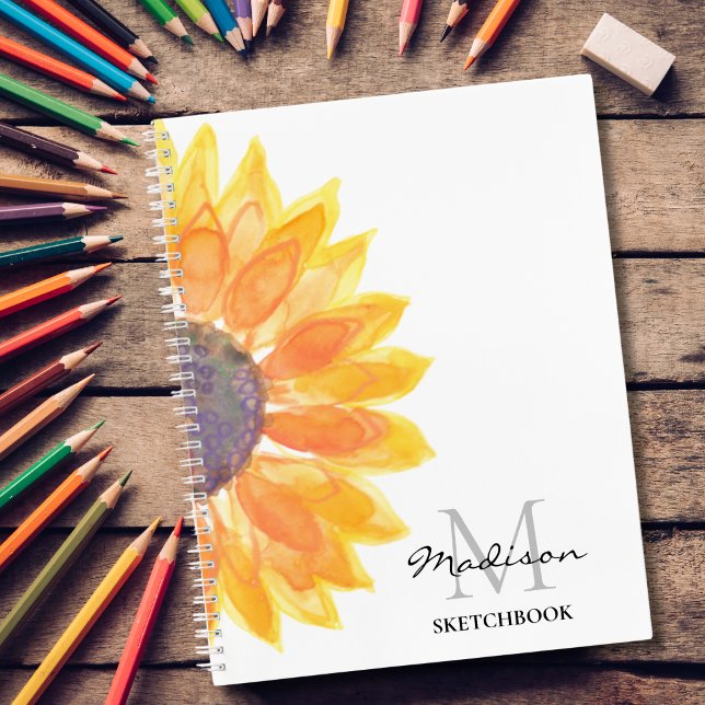 Cuaderno Nombre Monograma Watercolor Sunflower Sketchbook (Subido por el creador)